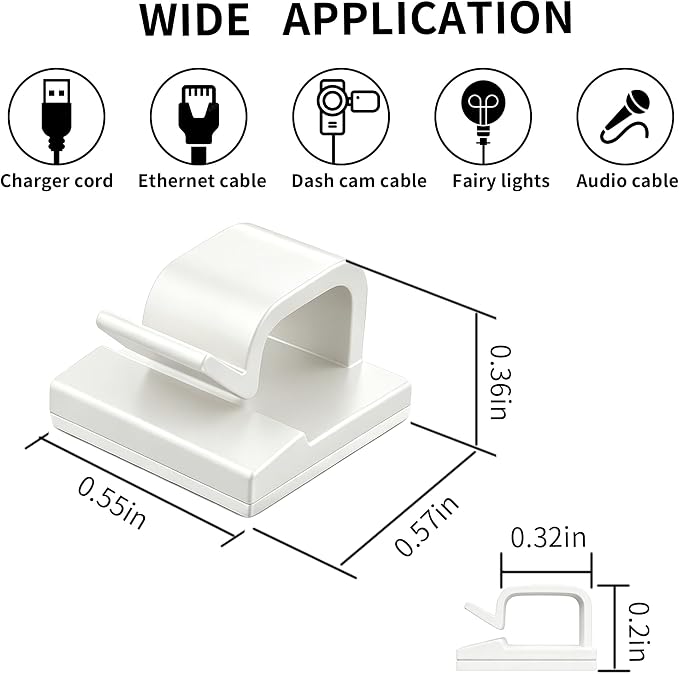 20 Pack Adhesive Cable Clips for Cord Management, Small Wire Holders for Desk Wall Car, Strong Sticky Cable Organizer for Phone Charger, USB, TV, Ethernet & More (20, White)