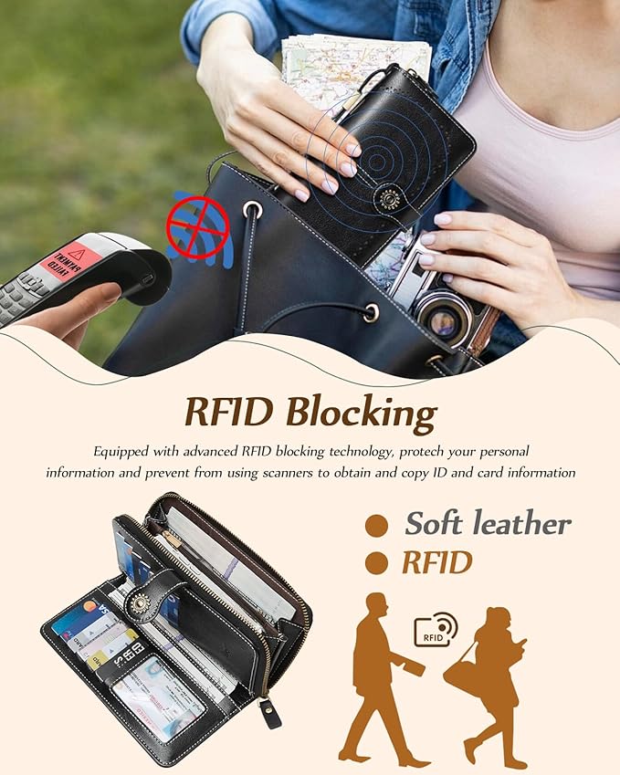 TFKGS Wallet for Women RFID Blocking Leather Large Capacity Card Holder Ladies Phone Clutch Travel Long Purse Wristlet | RFID Blocking, Leather, Large Capacity, Ladies, Travel