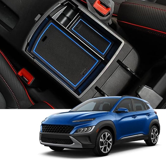 2018-2021 2022 2023 Kona Center Console Organizer for Hyundai Kona Armrest Box, 2022 Kona Console Armrest Tray 2022 2023 Kona Armrest Box Insert Tray Accessories (Blue Mats)