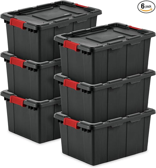 Sterilite 6-Pack Industrial Tote, Plastic Storage Bins with Lids, 15 Gallon, Black - Heavy-Duty Organizing Containers for Closet, Bathroom, and Office
