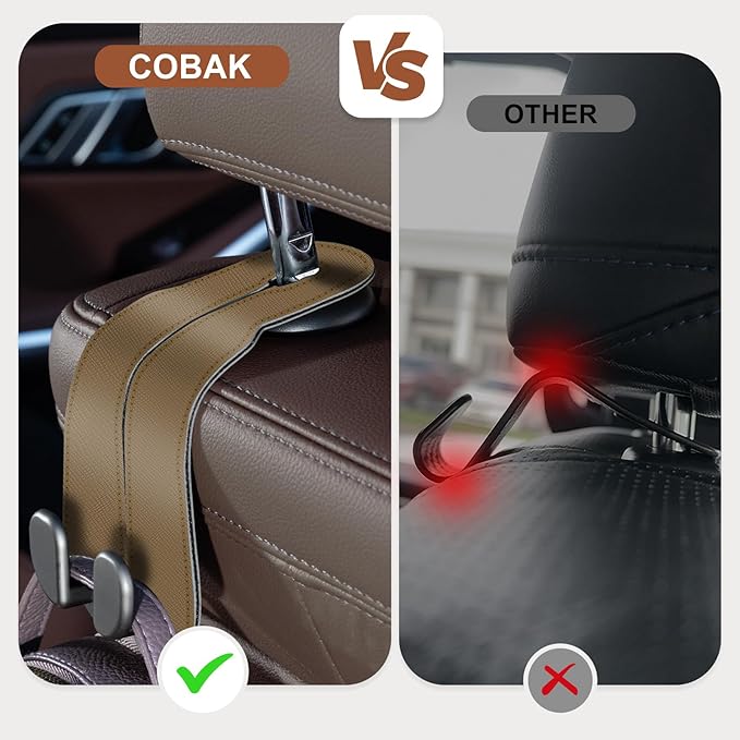 CoBak Purse Hook for Car - Universal Premium Stitched Leather and Aluminum-Magnesium Alloy Double Car Seat Back Storage Hook for Purses, Handbags, Bags (2 Pack),Khaki Beige