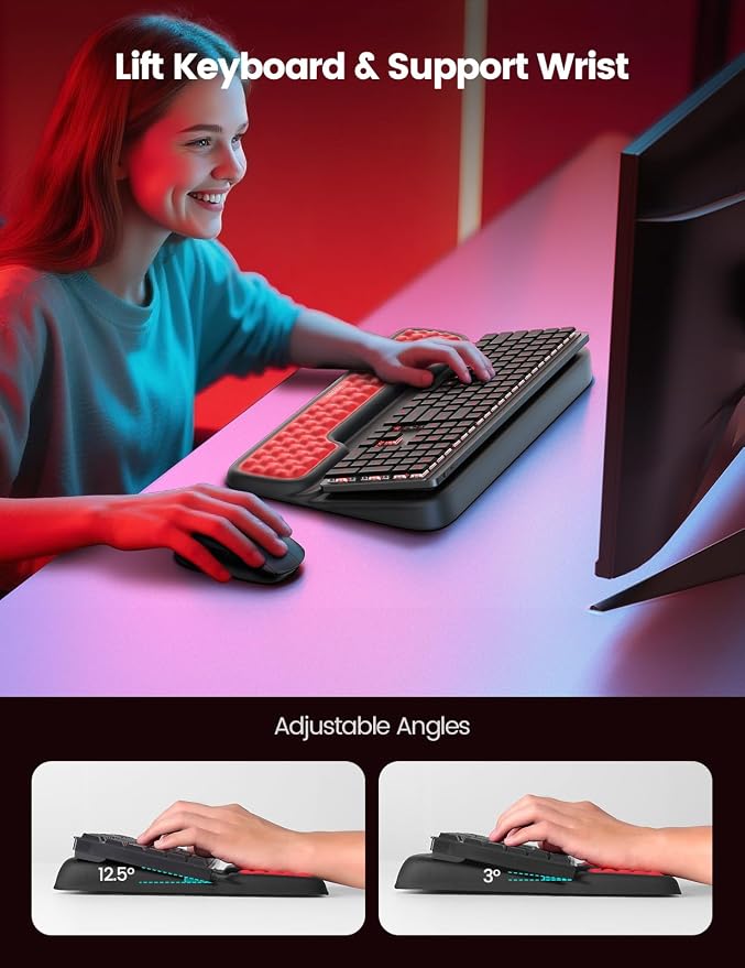 Vaydeer Keyboard Stand with Wrist Rest, Gaming Wrist Support Pad, Ergonomic Hand Rest Arm Memory Foam for Palm Typing Comfort, Keyboard Riser Holder Lifter Computer Desk Accessory Office Home-Black