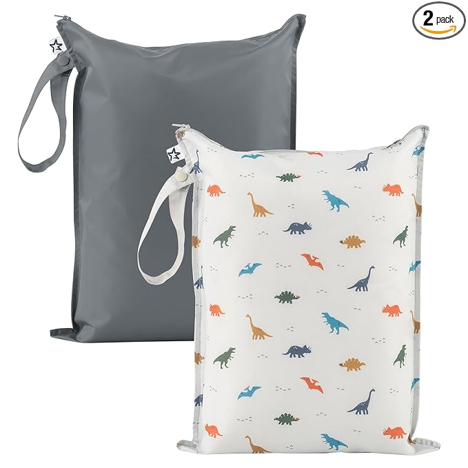 Tiny Twinkle Mess Proof Wet Bags | 2-Pack Reusable Waterproof Wet Bags for Swimsuits | Baby Clothes | Travel & Diaper Bag (Dinosaur)