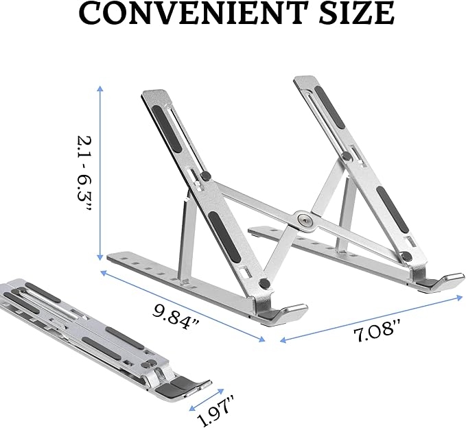 FlexElevate 7-Level Adjustable Laptop Stand, Silver Color, Carbon Steel Ergonomic Riser for Desk, Compatible with 9''-17.3'' Laptops, Portable & Sturdy Holder
