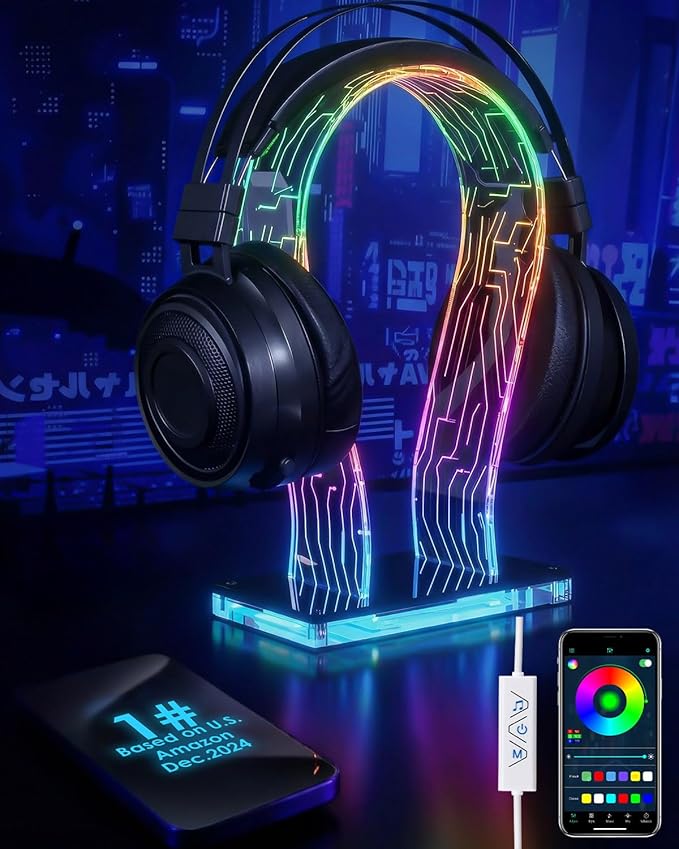 OAPRIRE Acrylic RGB Headphone Stand | Customizable 213 Lighting Modes & 60,000 Colors, Lights Sync with Music Beat, Headset Stand with 4.8ft USB Power Cable & Sturdy Build