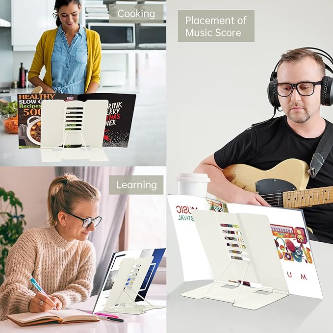 Honagu Book Stand Metal Desk Book Holder, Book Holders for Reading Hands Free, Adjustable Cookbook Documents Holder, Portable Bookstand for Music Books, Textbook, Recipe, Tablet, Ipad (Milky White)