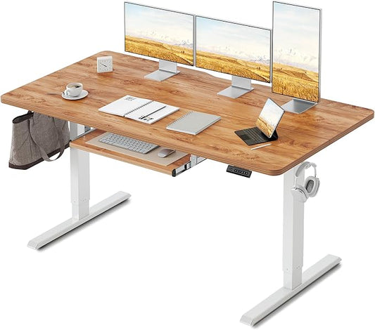 FEZIBO Standing Desk with Keyboard Tray, 60 x 24 Inch Adjustable Height Sit Stand Desk with Memory Presets for Home Office, Ergonomic Computer Workstation, Light Rustic