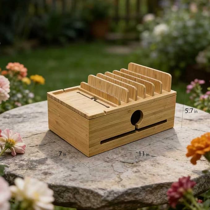 Bamboo Charging Station Organizer for Multi-Devices with Tray, Nightstand Desk Electronic Organizer Stand for Cell Phone, Tablet, Etc (with 5-Cable, No USB Charger)