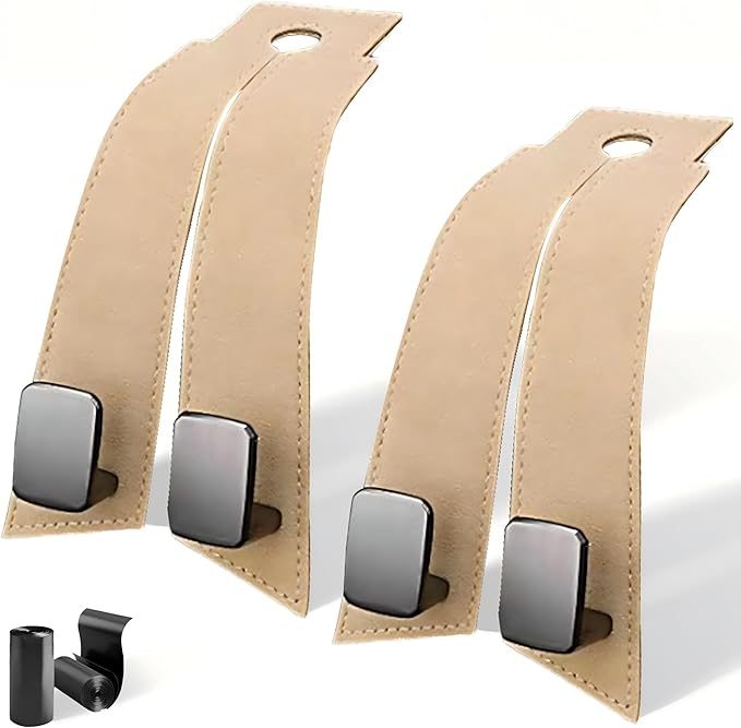 Vidonio Upgrade Seat Back Hooks, Suede Headrest Hooks & Phone Holder, Purse Hook for Car Organizers, Universal Hidden Multifunctional Hooks (Beige 2pcs)