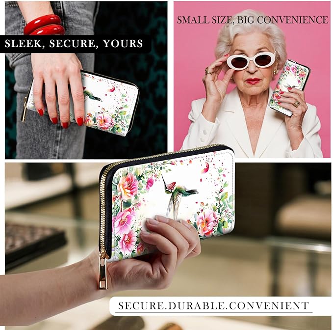 RFID-Blocking Zip Around Wallets for Women with Detachable Wrist Strap,Large Capacity Phone Holder with Card Organizer & Coin Pocket,Hummingbird Pink Flower