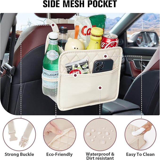 LXUNYI Back Seat Car Organizer, Large Car Seat Organizer with Cup Holders Multifunctional Over the Car Seat Organizer Backseat Hanging Leather Car Seat Organizers and Storage Bags(Beige 1Pack)