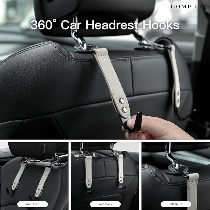 Car Headrest Hook 2 Pack Car Hook Holder Leather Headrest Hooks for Purses and Bags,SUS304 Car Hook (Grey)