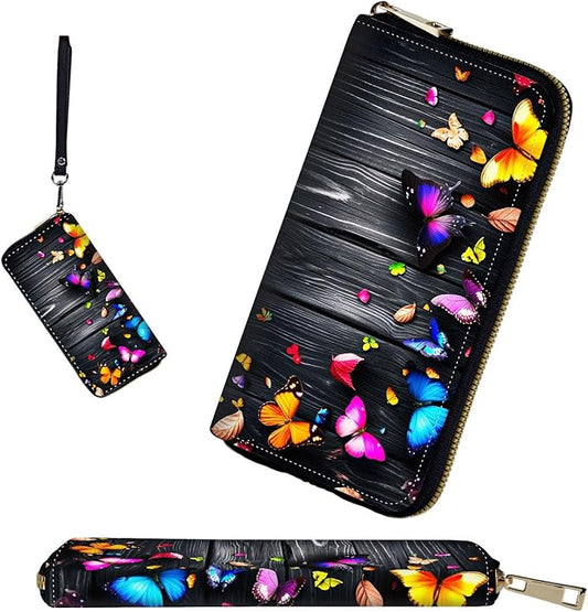 RFID-Blocking Zip Around Wallets for Women with Detachable Wrist Strap,Large Capacity Phone Holder with Card Organizer & Coin Pocket,Colorful Butterflies on Wooden