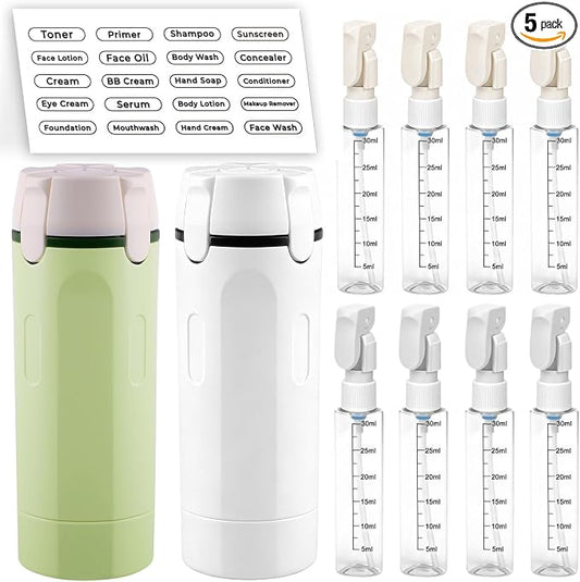 Winb 4 in 1 Travel Dispenser, 30ml Leak Proof Bottles for Toiletries, Portable Containers for Shampoo, Lotion, White (White+Green)