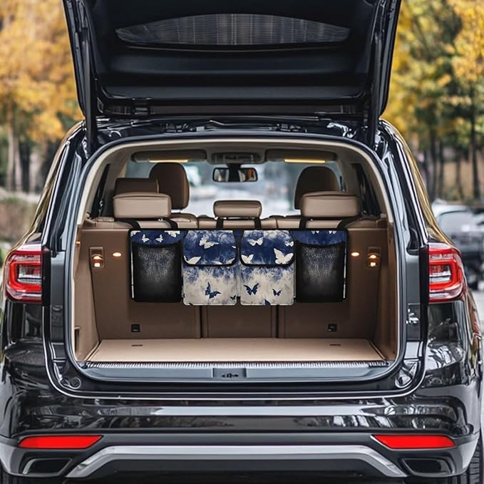 Blue Butterfly Car Backseat Hanging Trunk Organizer for SUV Collapsible Car Interior Accessories with 4 Pockets & 3 Adjustable Straps for Women