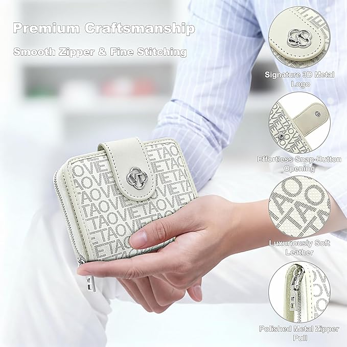 Credit Card Wallets for Women, Leather Cardholder with Zipper Around, Small Rfid Ladies Wallet, Accordion Compact Bifold Purse for Travel, 19 Card Slots, ID Window, Cash Organizer - White