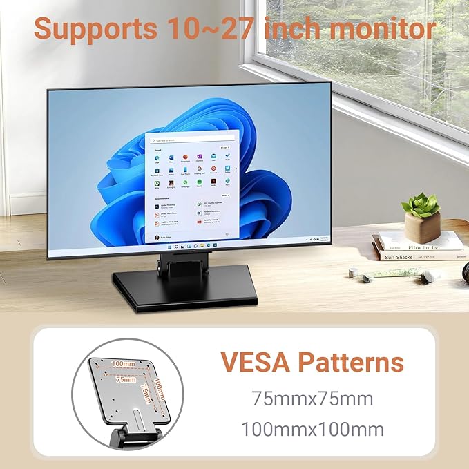 Jakeko Lay Flat Low Profile Monitor Stand - for 14-24" Screens Ergonomic Adjustable Desktop Mount with 100x100mm Compatibility - Steel