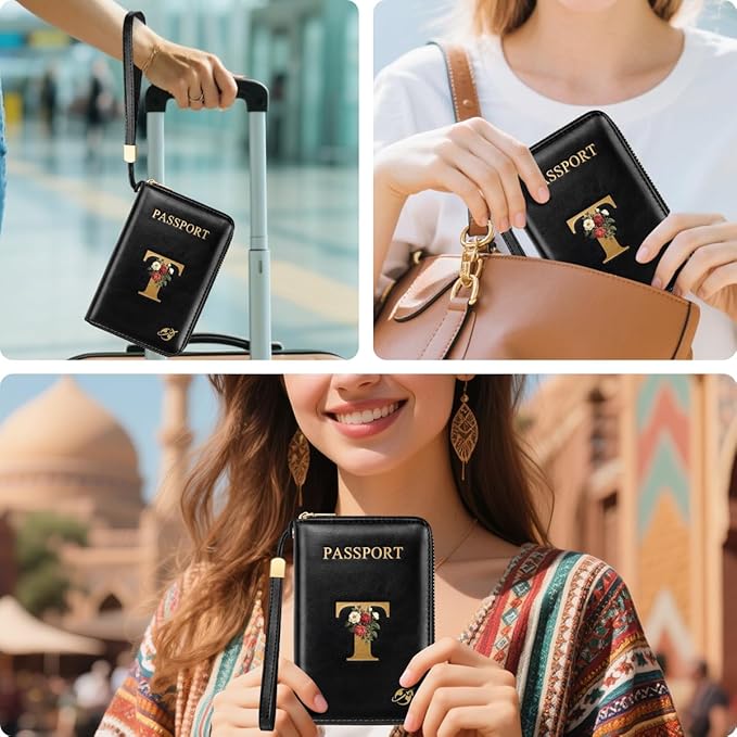 Passport Holder Cover Wallet with Zipper Personalized Initial Letter T Rose Flower RFID Blocking Travel Wallets Credit Cards Holder for Women, Gift for Wife and Girlfriend,T