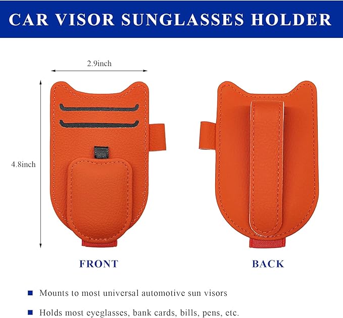 Sunglasses Holder for Car Visor, Magnetic Auto Sun Visor Organizer with Ticket & Pen Clip, Multi-Pocket Leather Eyeglass Clip Interior Accessories for Most Vehicles (Orange)