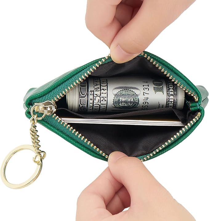 WOZEAH Artificial Leather Coin Purse Change Purse With Key Chain Ring Zipper For Men Women (Green)