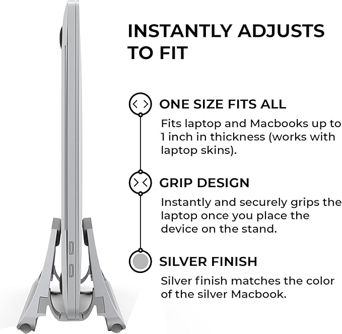 HumanCentric Vertical Laptop Stand for Desks in Silver Color, Upright Adjustable Holder to Dock Apple MacBook Stand, and Other Laptops to Organize Work & Home Office, Automatic Grip