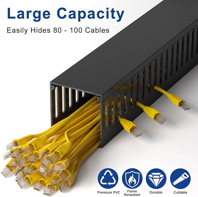 ZhiYo 3x3in Cable Raceway, 6FT(2xL3FT) Large Wire Tray, Cord Hider for Network Cable Management, Wire Covers for Cords Computer Under Desk, Cord Cover Wall Cable Hider Cable Cover, Black