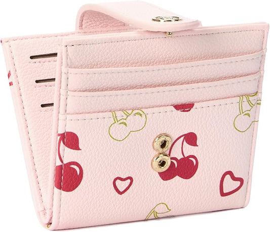 BOSTANTEN Slim Wallet for Women Small RFID Blocking Credit Card Holder Leather Bifold Wallets with Zipper Coin Pocket Cherry Print