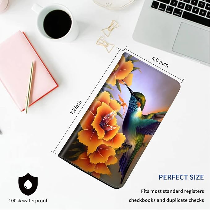 DEGDFSGR Checkbook Cover - Premium Leather Standard Duplicate Register Check Card Book Holder Wallet with RFID Blocking Function for Girl Men Women,Hummingbird