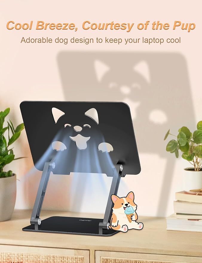 Laptop Stand for Desk-Adjustable, Foldable, Portable, Ergonomic Aluminum Notebook Riser with Unique Puppy Cooling Vent, Desk Gift for 10-17.3" Devices Mac, Dell, HP, Lenovo, Samsung, Black