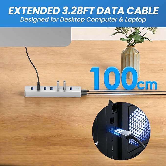 7 Ports USB Hub, Aluminum Multiport Desktop USB Adapter Powered USB Splitter for Laptop, Mobile Phones, PC, PS4 and Other USB Devices(3.3Ft Data Cable+3.3Ft Charging Cable)