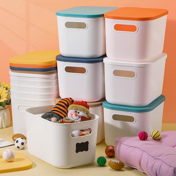 Thyle 12 Pack White Plastic Storage Bins with Lids, Back to School Stackable Storage Container with Handle Label for Organizing Toy Craft for Classroom Shelf Bedroom Office 10 x 7 x 6 Inch