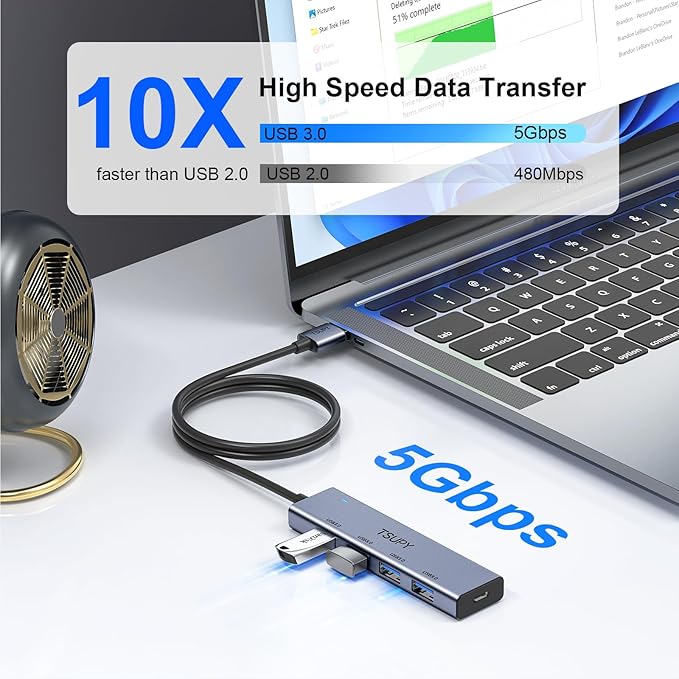 USB 3.0 HUB, TSUPY USB Splitter with 5 USB Ports and 4ft Extended Cable,Ultra-Slim Aluminium Data Hub Multi USB 3.0 Adapter HUB Compatible for Laptop,MacBook,PC, Printer, Mobile HDD and More