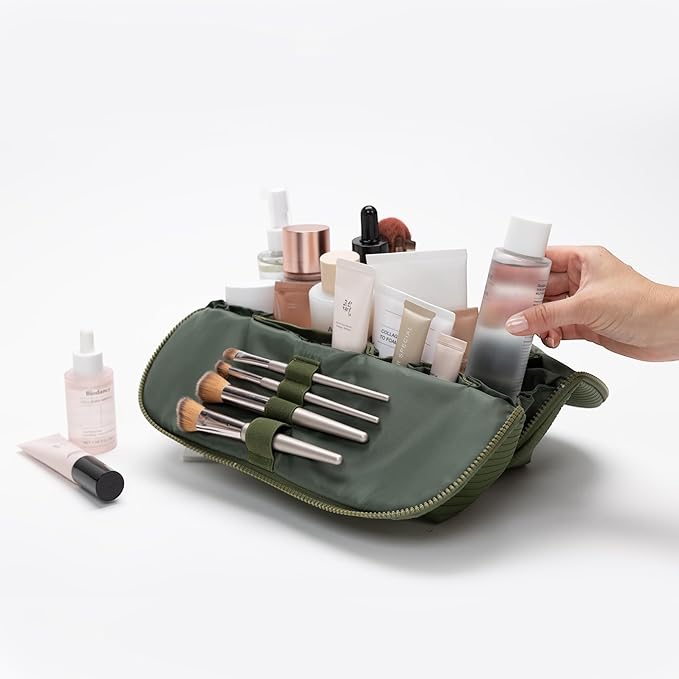 THE VERTI-Vertical Waterproof Makeup & Toiletry Bag | 23-Pocket Organizer with Upright, Fold-Down Design for Skincare, Toiletries & Essentials (Olive)