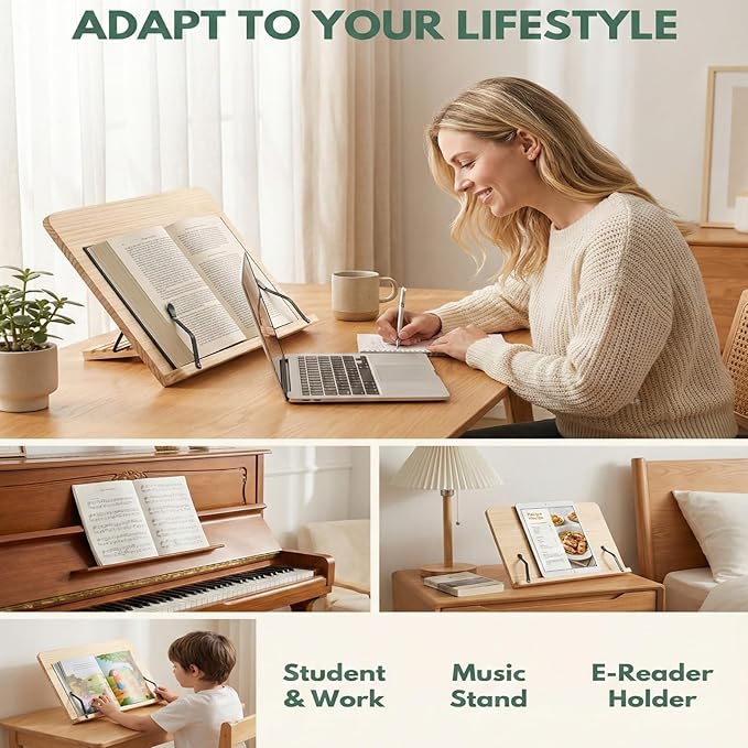 Reading Rack Wooden Bookshelf - Book Stand Foldable with 8 Adjustable Positions and Page Clips,Suitable for cookbooks、iPads、laptops、Sheet Music、and Reading Stands (13.4x9.45inch)