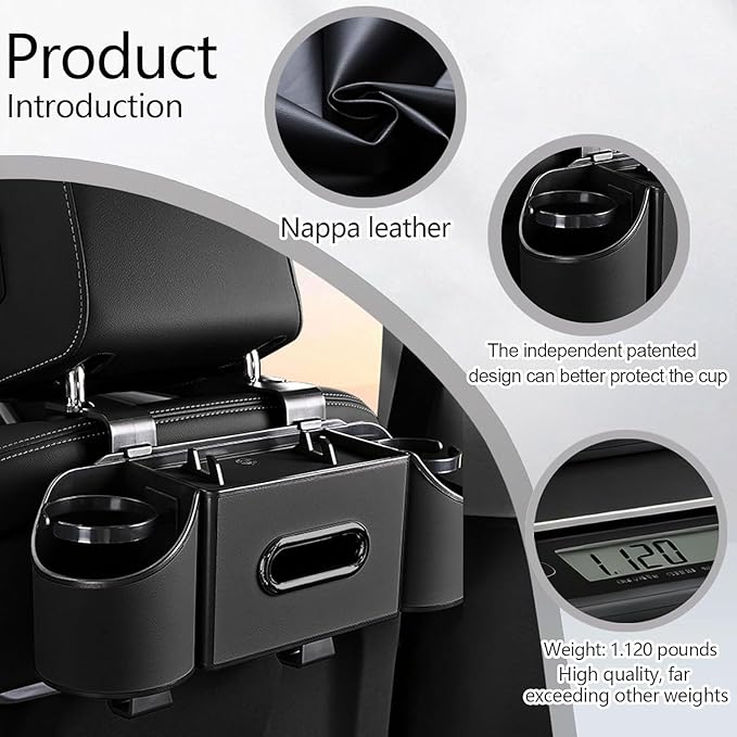Back Seat Car Organizer,4 in 1 Multifunctional Car Back Seat Storage Box with Drink Cup Holder Tissue Box, for Hold Phone,Snacks, Drinks, Handbag-Black-2Packs