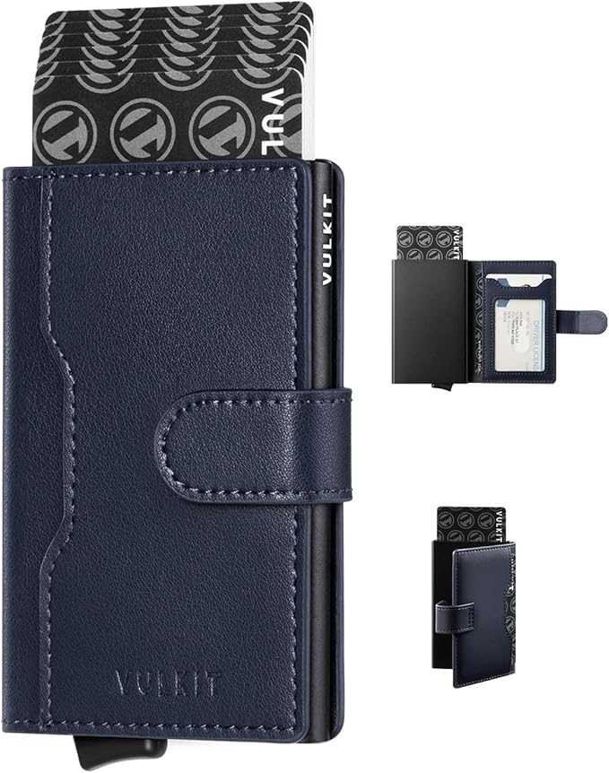 VULKIT Slim Bifold Pop up Wallet Minimalist Leather Card Holder RFID Blocking Metal Card Case with ID Window for Women | with Leather Slots, RFID Blocking, Slim, Metal Card Case
