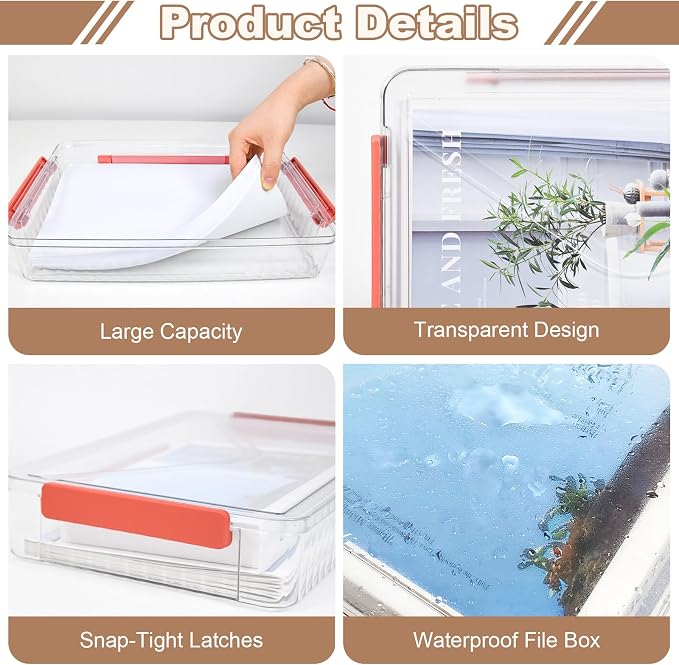 Clear Storage Boxes with Lid - A4 Transparent Paper Storage Organiser with Handle and Portable Project Case Drawer Organizer for Storing Certificates Photos Scrapbook and Invoices(Red Handle)