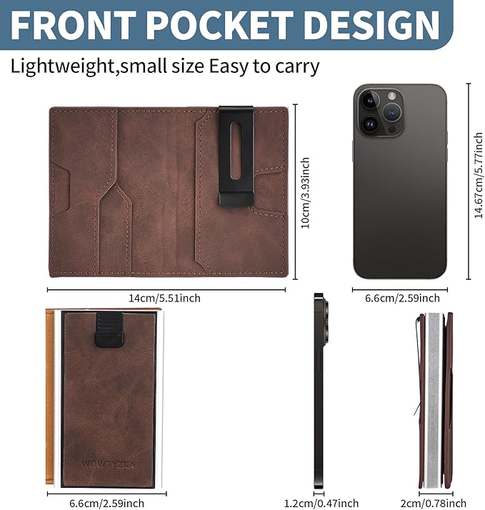 Mens slim Wallet，with RFID Shielding, Holds 9 Cards Easily, card wallet for Men, Minimalist Wallet For Men, Made of aluminum and Pu Synthetic Leather, Includes Cash clip (Coffee Color)