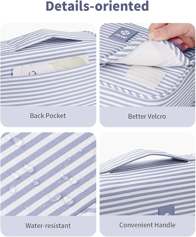 Narwey Small Hanging Toiletry Bag for Travel Women Girl, Striped Toiletries Travel Bag with Hook, Hanging Makeup Bag Organizer Make Up Cosmetic Bags, Gifts for Kids Teen (Greyish Blue Stripe)