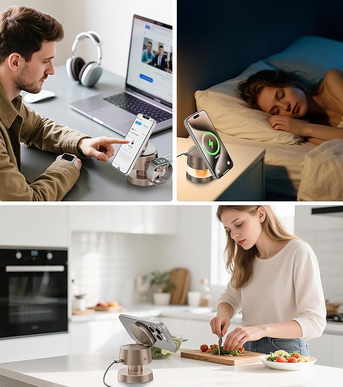 4-in-1 Magnetic Wireless Charging Station for iPhone 17/16/15/14 Pro Max, with Night Light Wireless Charging Station Fast Charging for Apple Watch, Earphones & Multiple Devices