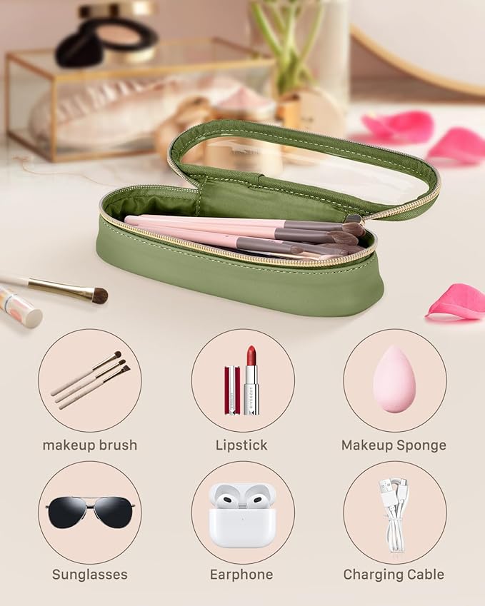 Soimeat Clear Travel Makeup Brush Holder, Leather Makeup Brush Toiletry Bag, Portable Cosmetic Brush Case, Transparent Waterproof Makeup Brush Storage Bag, Green