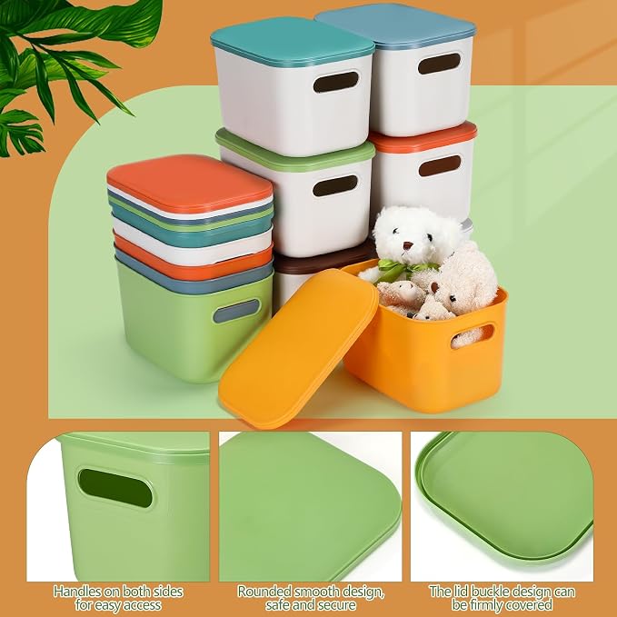 Thyle 12 Pack White Colorful Plastic Storage Bins with Lids 7 Quart Toy Storage Box Stackable Nestable Organizer Boxes with Handle and Labels for Classroom Shelf Bedroom Desktop Toys School Supplies