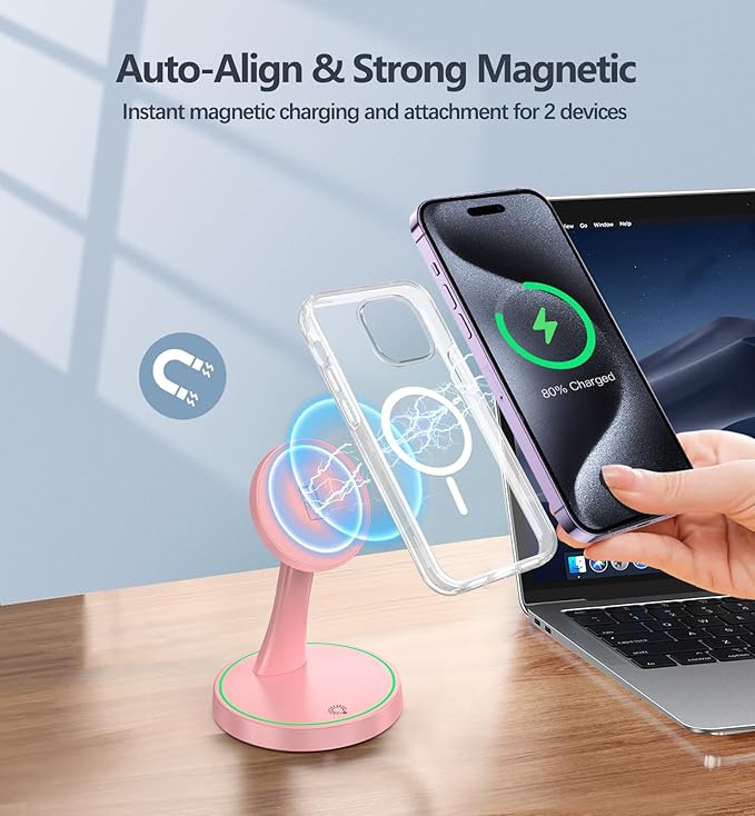 Magnetic Wireless Charger Stand 15W Fast Mag-Safe Charger for iPhone 17 /17 pro/ 17 Air/ 17 pro max 16/15/14/13/12 Series Magnet Wireless Charging Station/Pad with Sleep-Friendly Light for AirPods