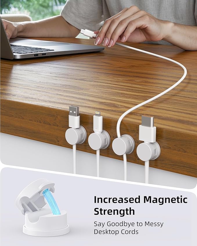 Swiveling Cord Holder, Magnetic Cord Organizer, Inchor Cable Organizer for Desk, 6 Pack Cable Clips for Nightstand, Adhesive Cable Holder Cable Management Clips for Car Home Office (White)