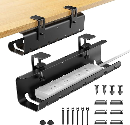 2 Pack No-Drill Under Desk Cable Management Tray 33.8 inch Large Wire Cord Organizers, Cable Management Under Desk for Home and Office No Damage Black