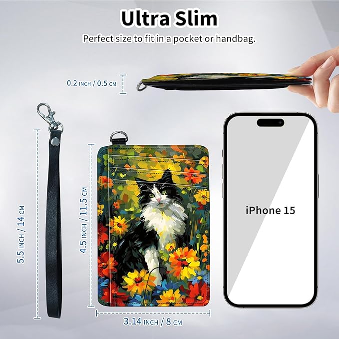 Slim Minimalist Front Pocket Wallet,Credit Card Holder Wallet for Women Men,RFID Blocking Credit Card Holder Case Leather Cute Small Thin Wallet ID Window&Wrist Strap,Watercolor Cat Flower