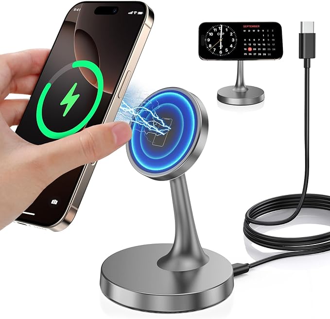 Magnetic Wireless Charger iPhone Stand, 15W Fast Mag-Safe Charger iPhone 17/17 Air/17 Pro/17 Pro Max 16/15/14/13/12 Series Magnet Wireless Charging Station/Pad/AirPods for Home, Office, Travel