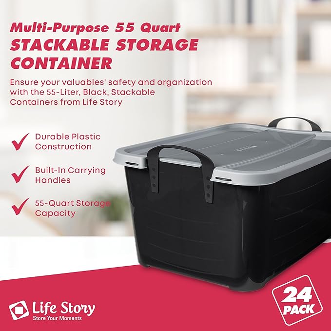 Life Story 24 Pack Heavy Duty Stackable Storage Bin, 55 Quart Home Organizer, Versatile Lightweight Locking Bins with Carrying Handles, Black/Gray