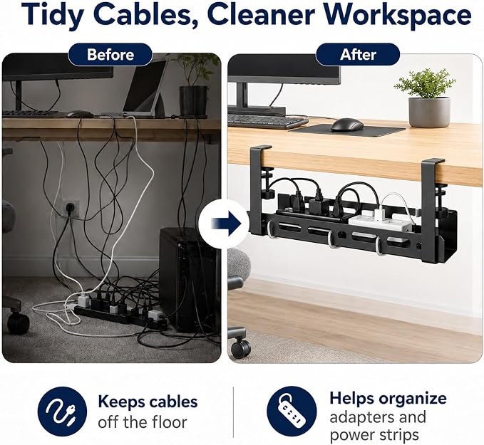 Under Desk Cable Management Tray, 15.75" No Drill Clamp-On Metal Cable Tray for Power Strip, Compact Under Desk Cord Organizer and Wire Management Holder for Office, Gaming Desk, Standing Desk