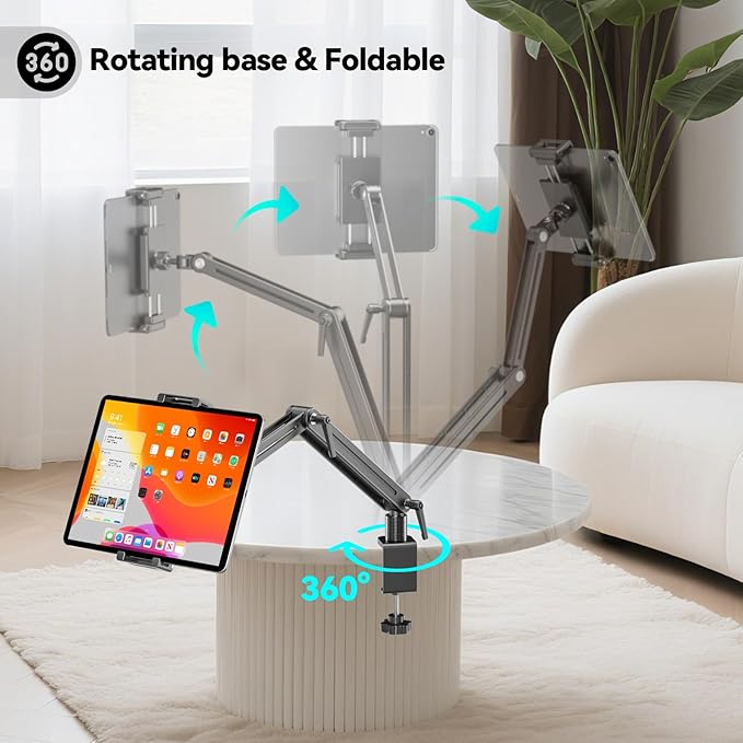 Portable Monitor Stand Desk Holder- Large Clamp support up to 6.5 12.9 14.6 15.6 18.5 inch 360° Rotating Base Swivel Tall Desk Arm Mount for iPad Pro/Mini/Air/Surface Strong Bearing Weight over 5.5lbs